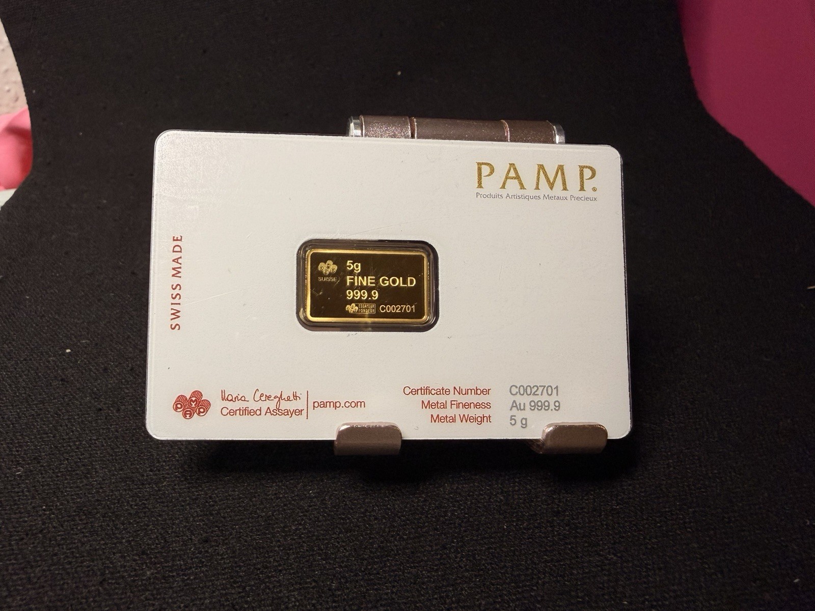 PAMP Gold Bar 5g 999.9 Fine Gold Bullion in Assay Card