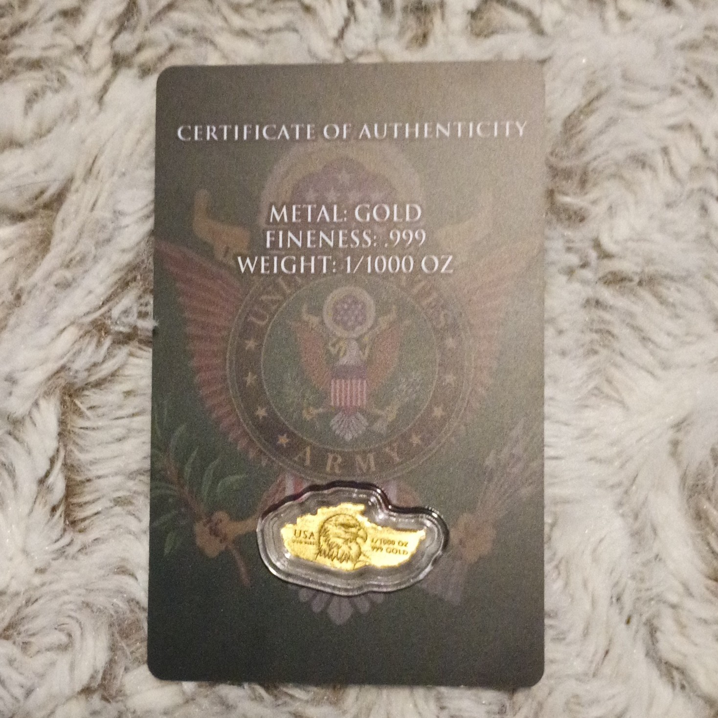 1/1000 oz .999 Fine Gold Bar Bullion U.S. Army Design w/ Certificate