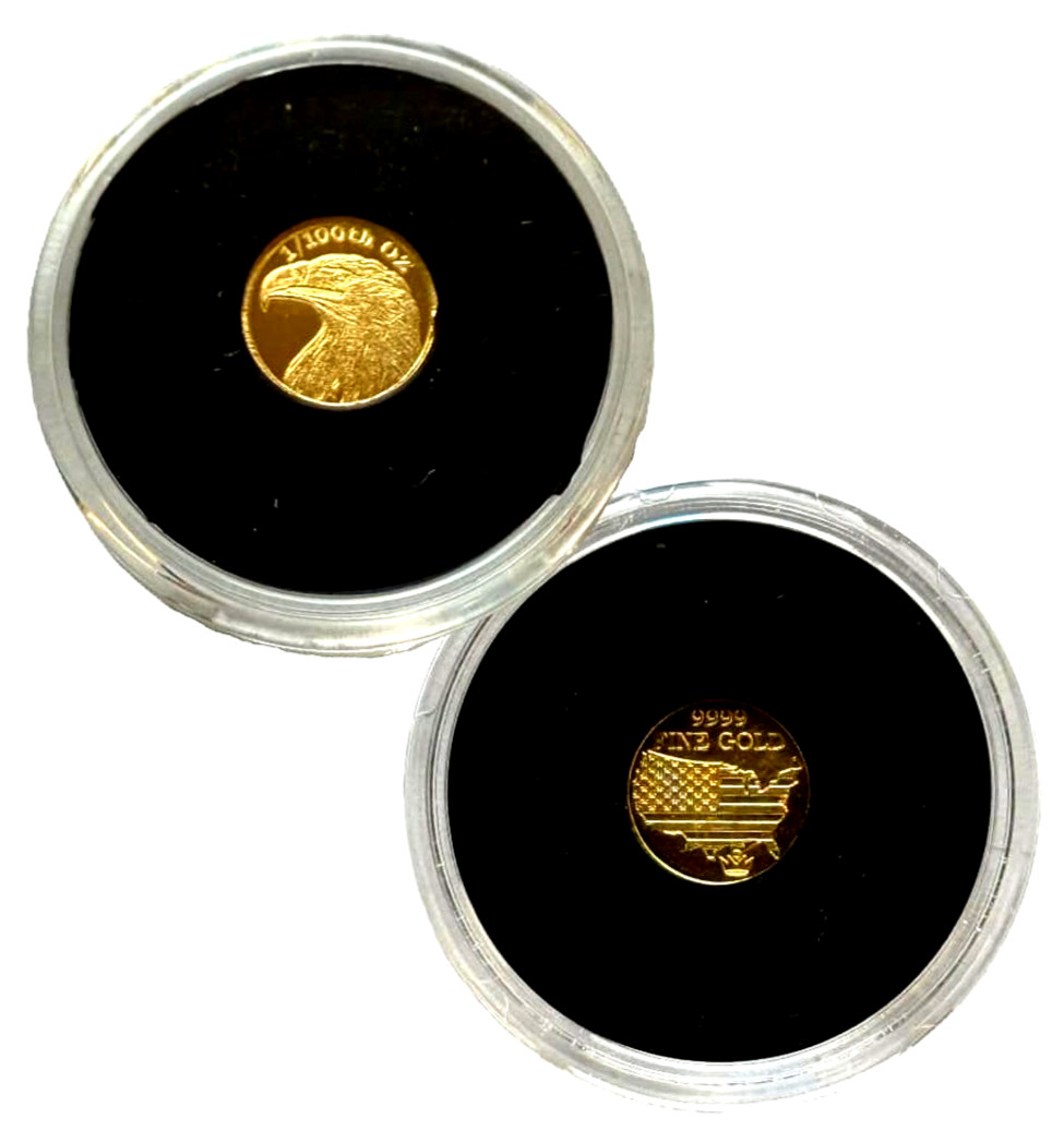 1/100 OZ MONARCH AMERICAN BALD EAGLE .9999 FINE GOLD ROUND IN SEALED CAPSULE BU