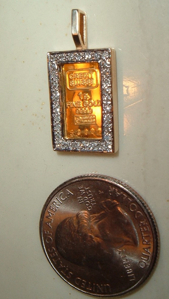 24K GOLD Credit Suisse 999.9 FINE INGOT BAR 14K DIAMOND BEZEL PENDANT FOR CHAIN