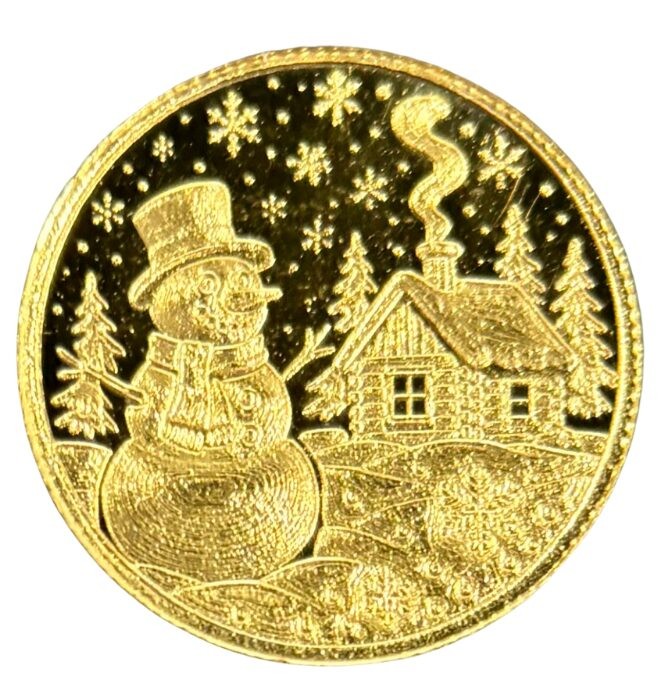 1/200 oz .9999 Fine Gold Round Monarch Snowman Winter Holidays in Capsule