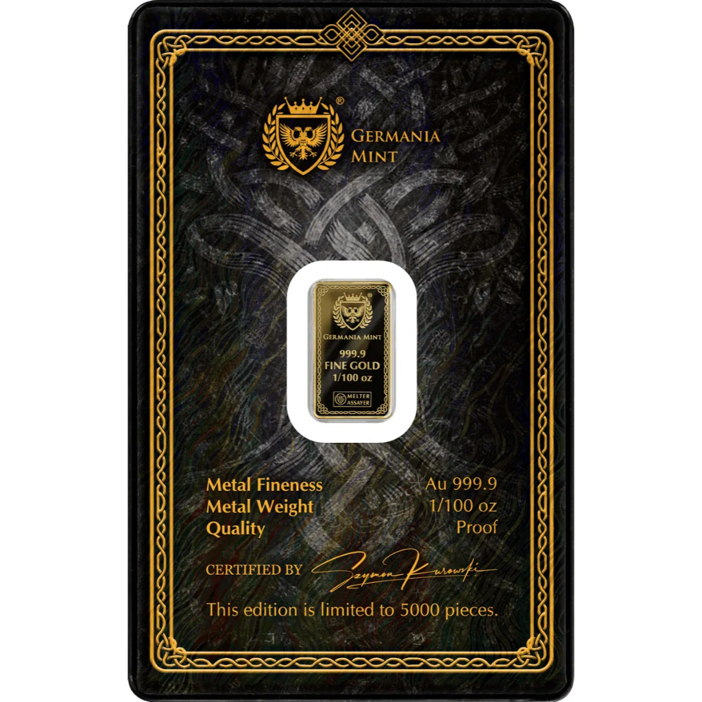 2026 Germania Mint Odin 1/100oz Proof 9999 Gold Bar in Assay Mintage 5000