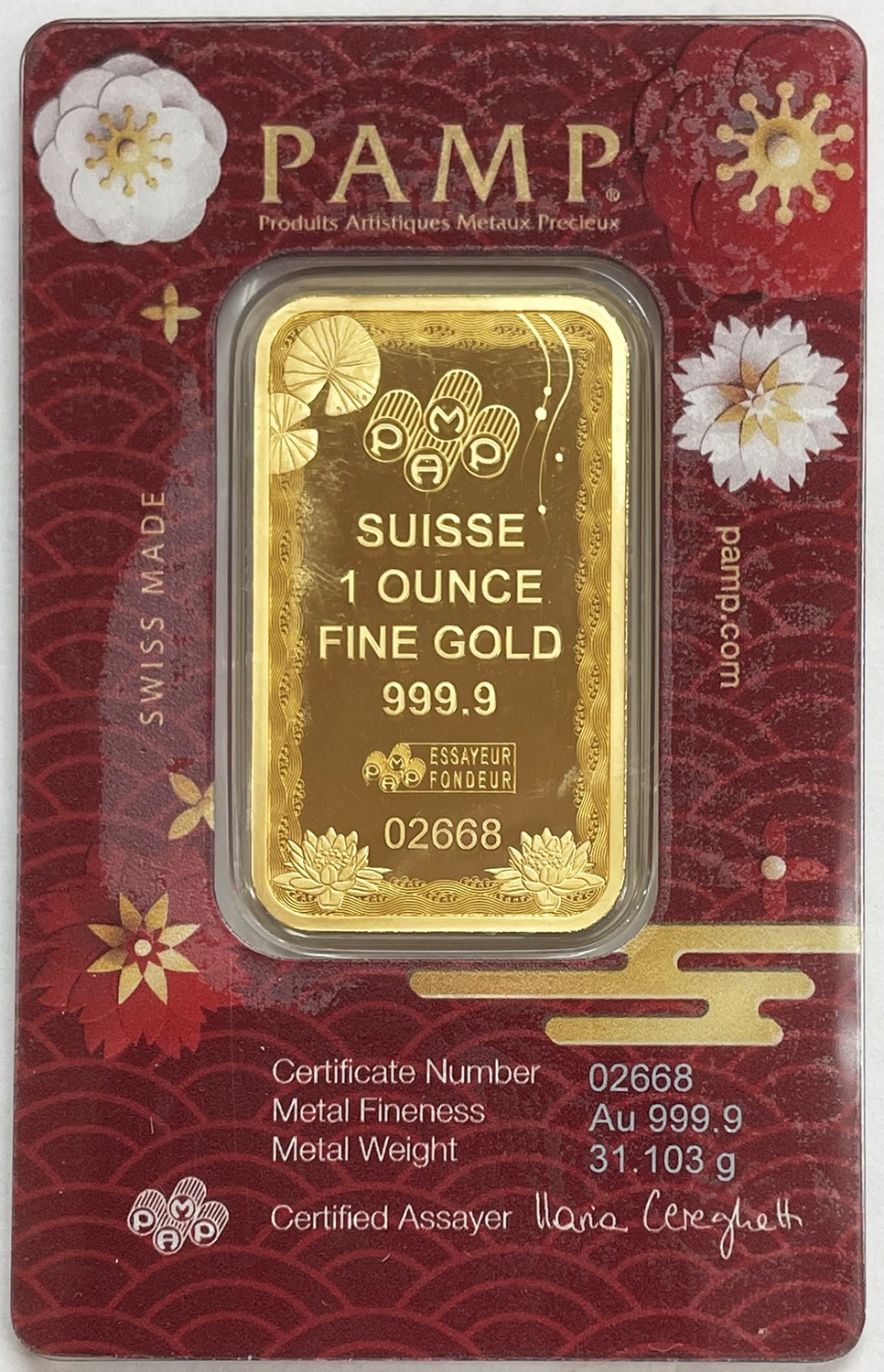 2025 PAMP SUISSE GOLD 1 OZ .9999 KOI FISH GOOD LUCK FORTUNE BAR ASSAY CARD