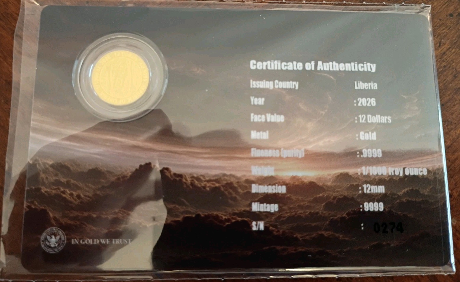 1/1000 oz Gold Proof Venus (Planet) Coin in Assay Card