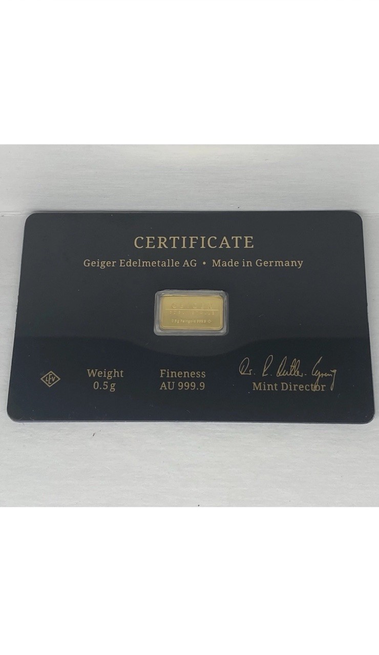 Geiger Edelmetalle 1/2 .5g Gold Bar Black Assay Card