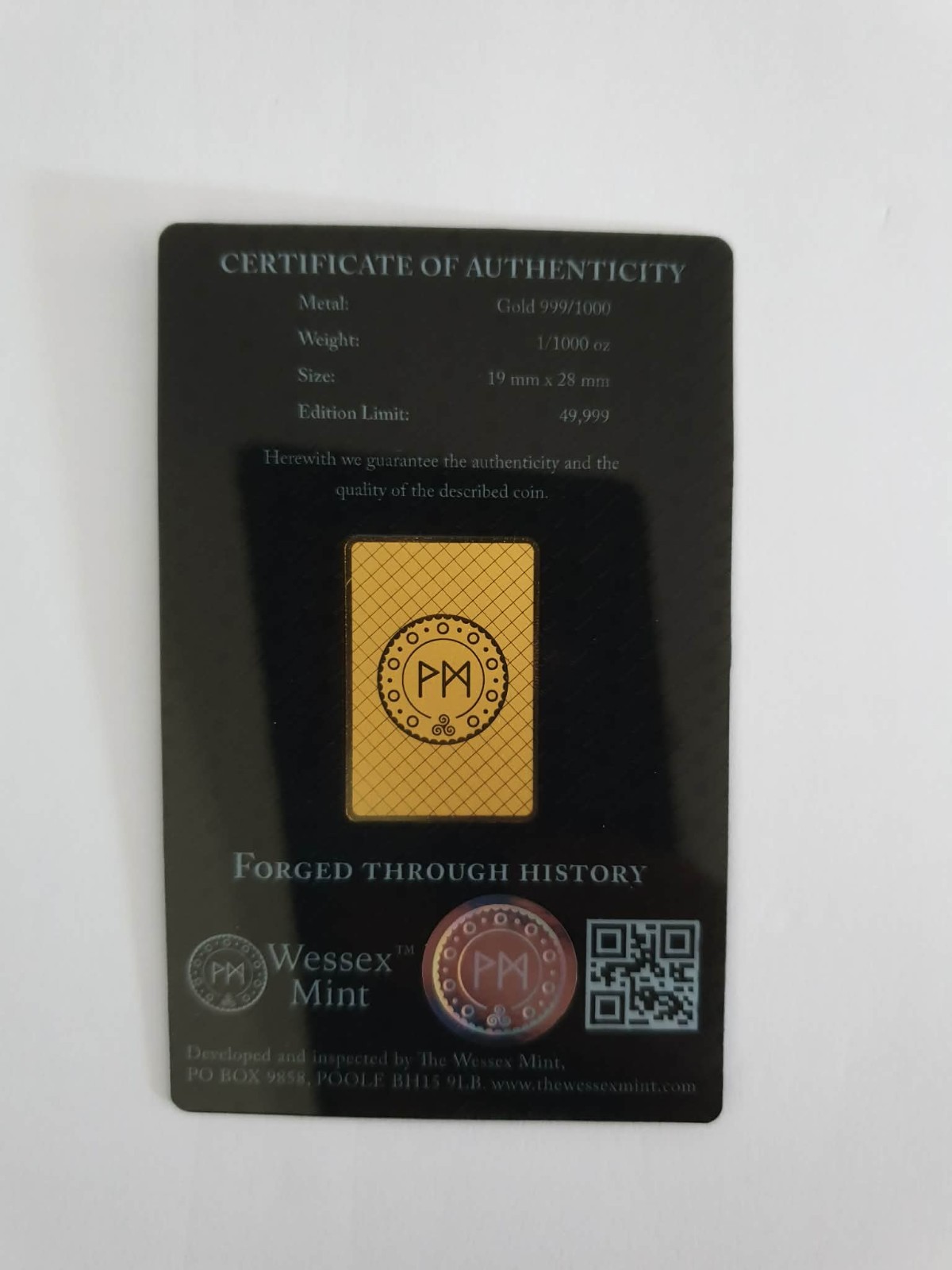1/1000 oz Unicorn Of Scotland 24KPure Gold-Wessex Mint Gold Bar LBMA Certificate