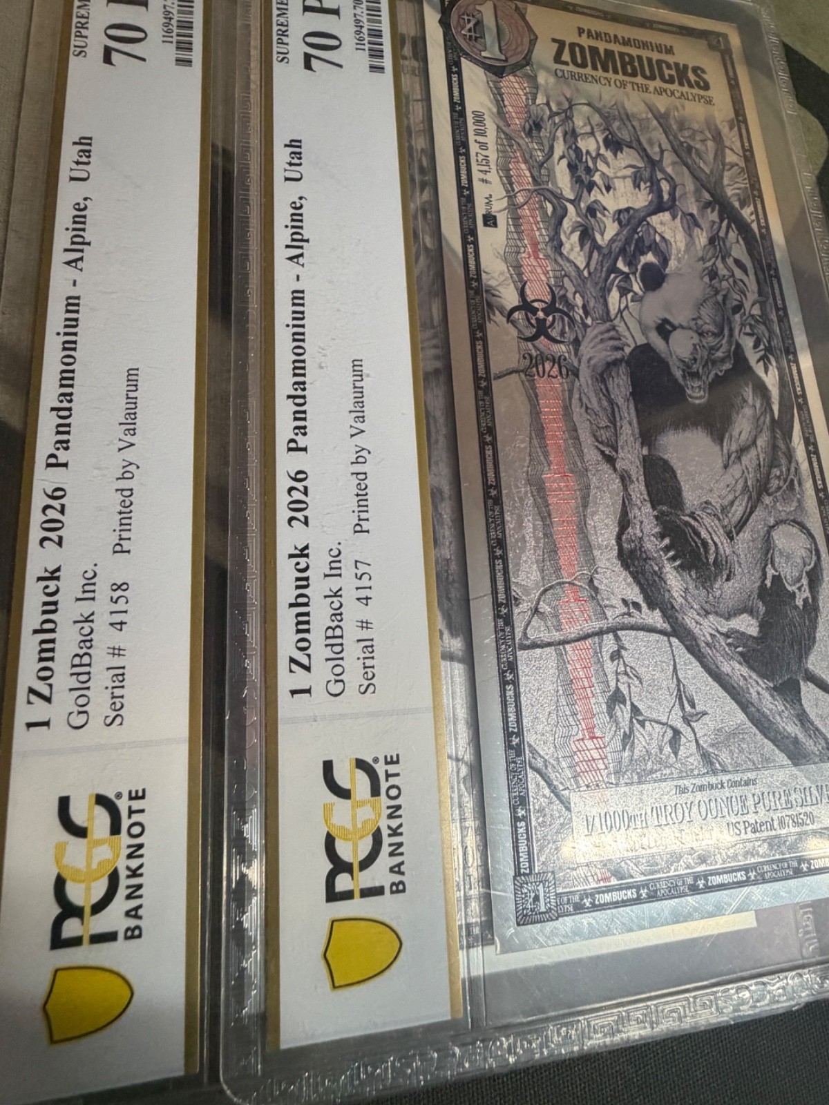 1 ZomBucks PANDA, PCGS 70 GEM, PURE Aurum SilverBack 1/1000 Troy oz., Lot Of 2
