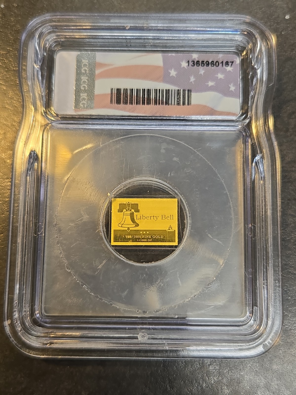 Liberty Bell 1/1000 oz .999 fine Gold Bar ICG MS70 Only 25000 Minted