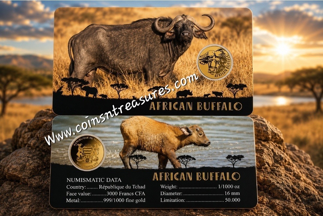 AFRICAN BUFFALO 1/1000 Oz Gold 999 Coin card 3000 Francs Chad 2024