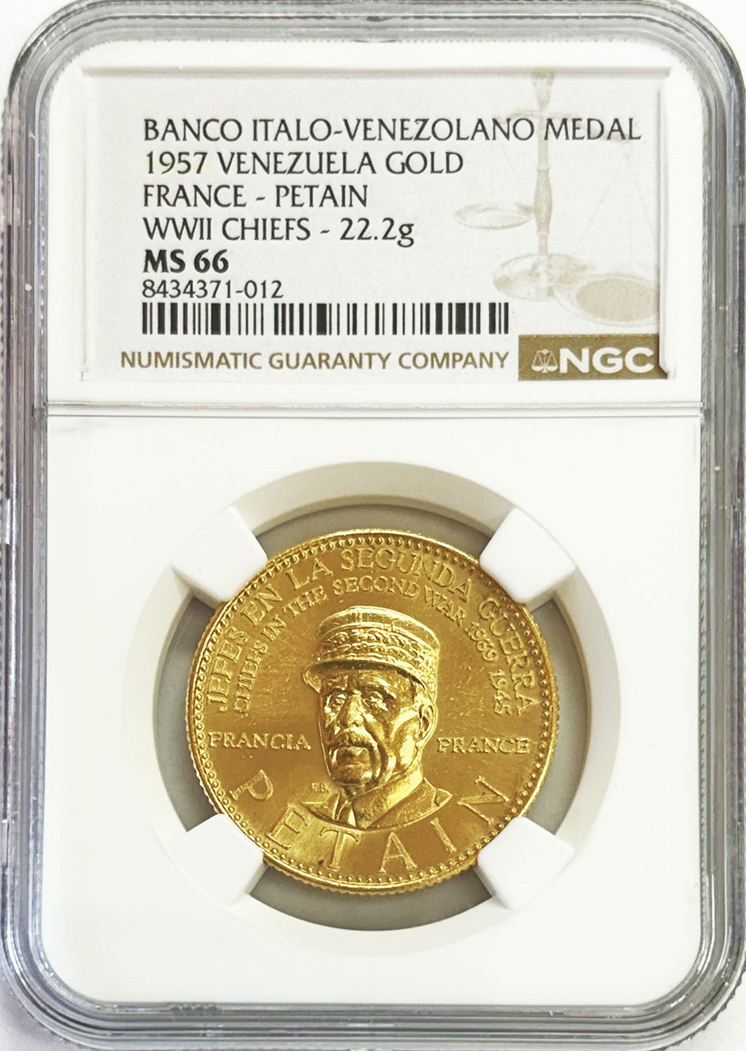 1957 GOLD FRANCE CHIEF MARSHAL PETAIN WWII 22.2 GRAMS VENEZUELA COIN NGC MS 66