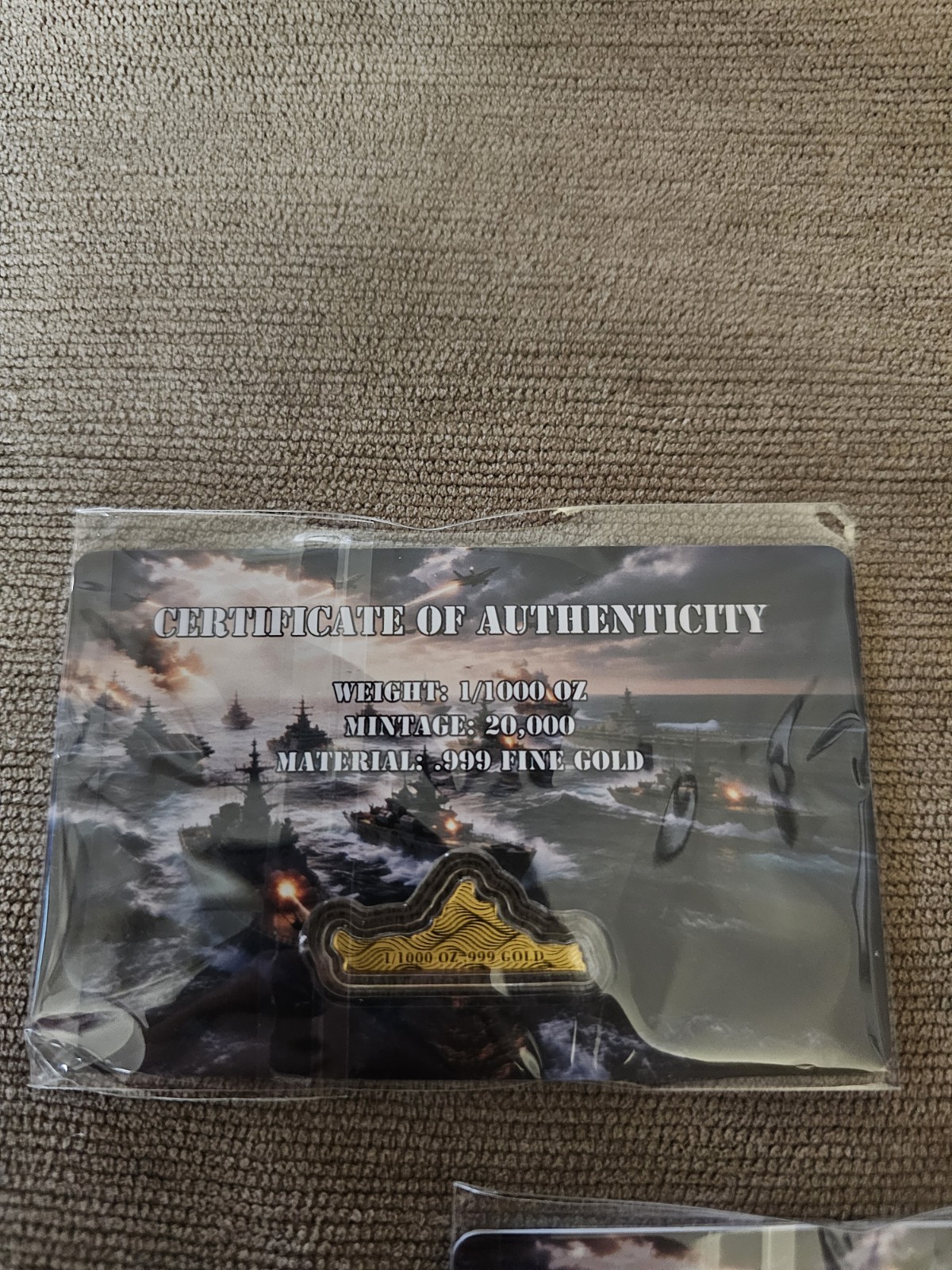 1/1000 Oz Gold US Battleship Art Bar .999 Fine