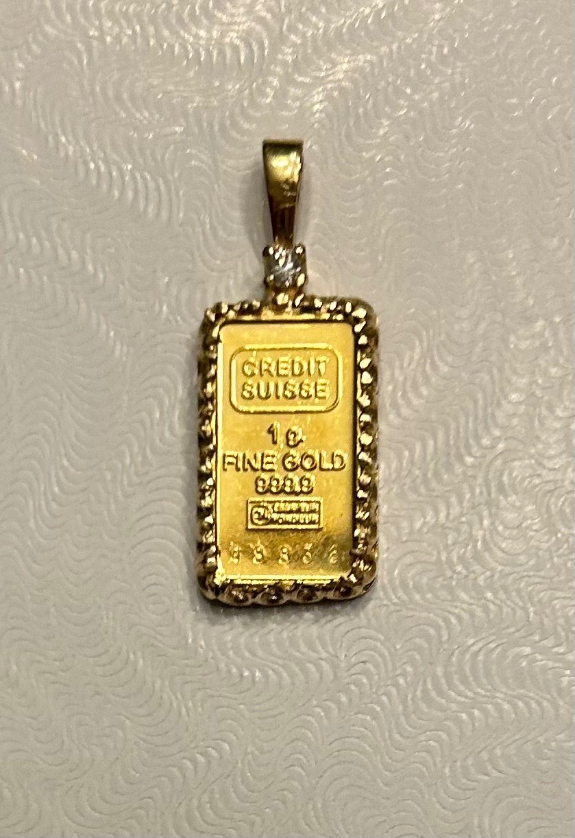 Credit Suisse 1 gram Gold Bar .999 ~ in 14 kt Gold Frame with Diamond ~2.6 grams