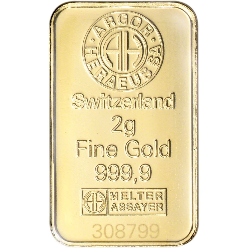 2 gram Gold Bar – Argor Heraeus – 999.9 Fine in Assay