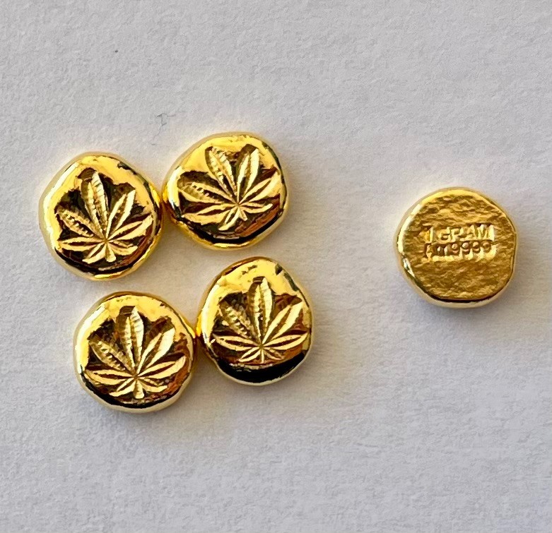 Pot leaf 1.00 g GOLD .9999 hand poured bar + 1 gram silver bar 999