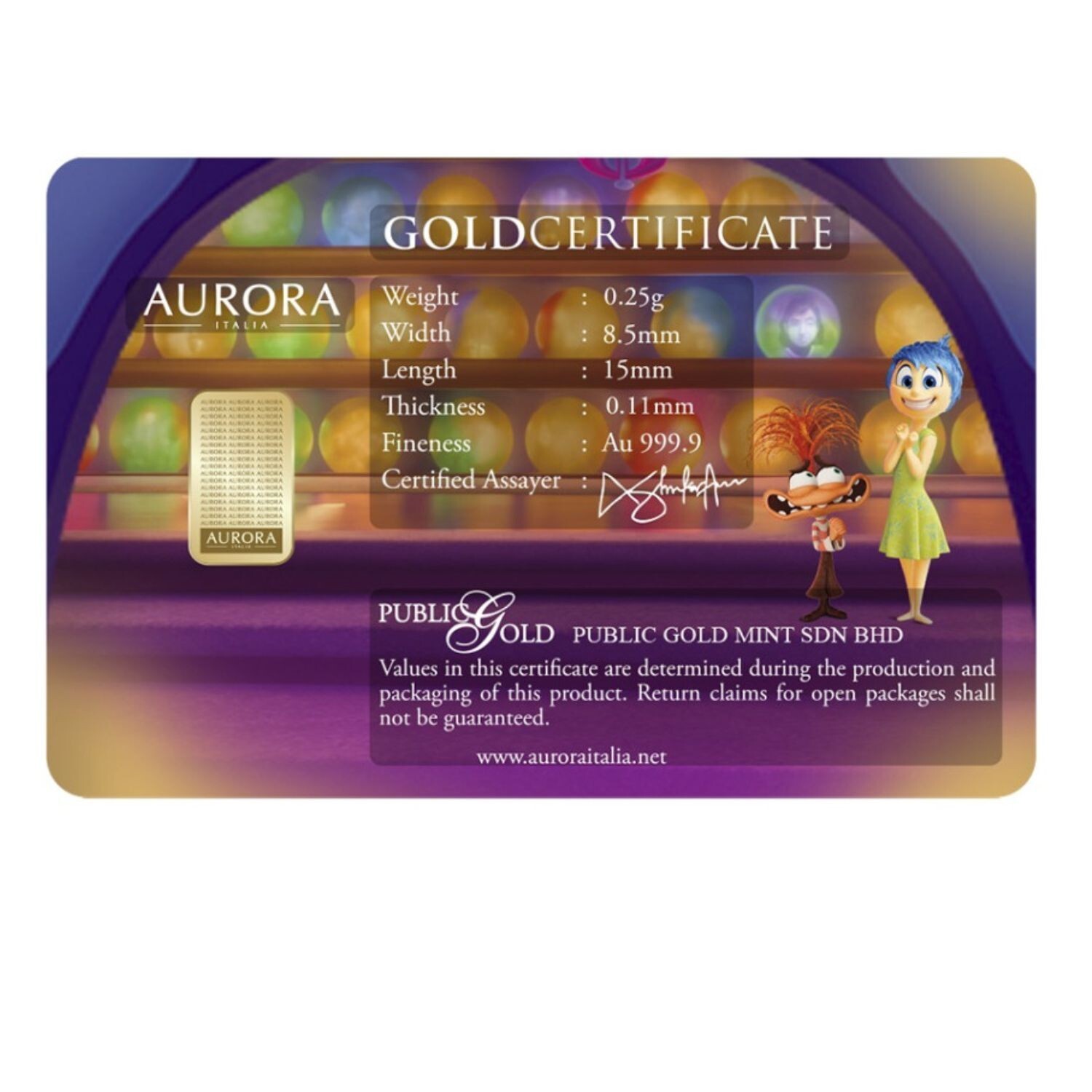 Inside Out 2 Limited Edition Gold Bar 0.25gram 999.9 FreeShip