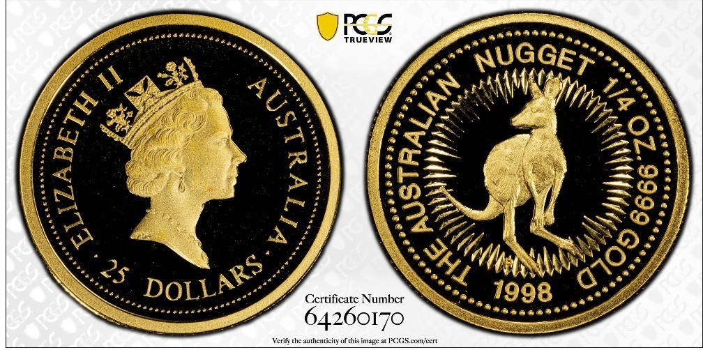 1998 Australia Proof $25 ~ 1/4 oz .9999 Gold ~ Kangaroo/Nugget ~ PCGS PR69 DCAM