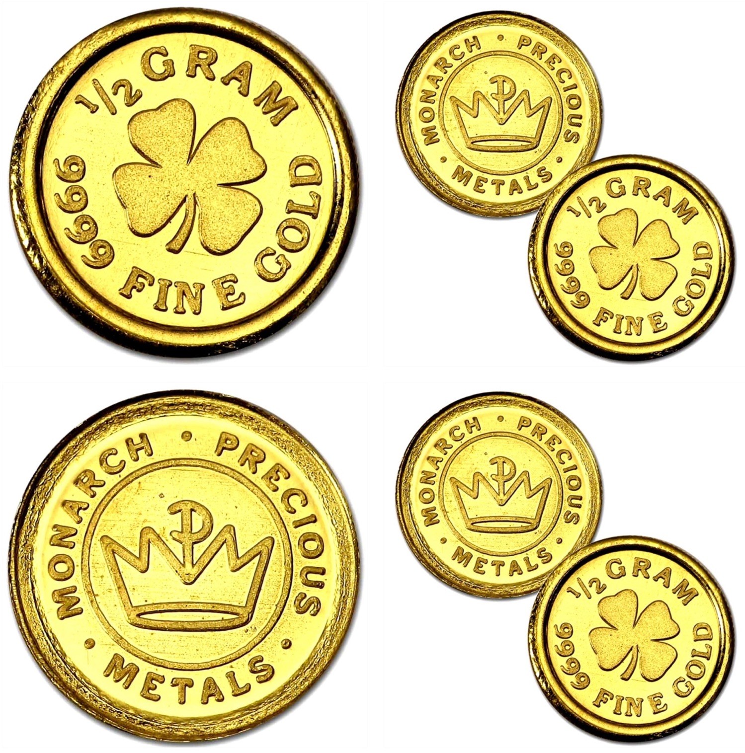LOT 10 X 1/2 GRAM MONARCH LUCKY FOUR LEAF CLOVER .9999 GOLD ROUNDS IN CAPSULE BU