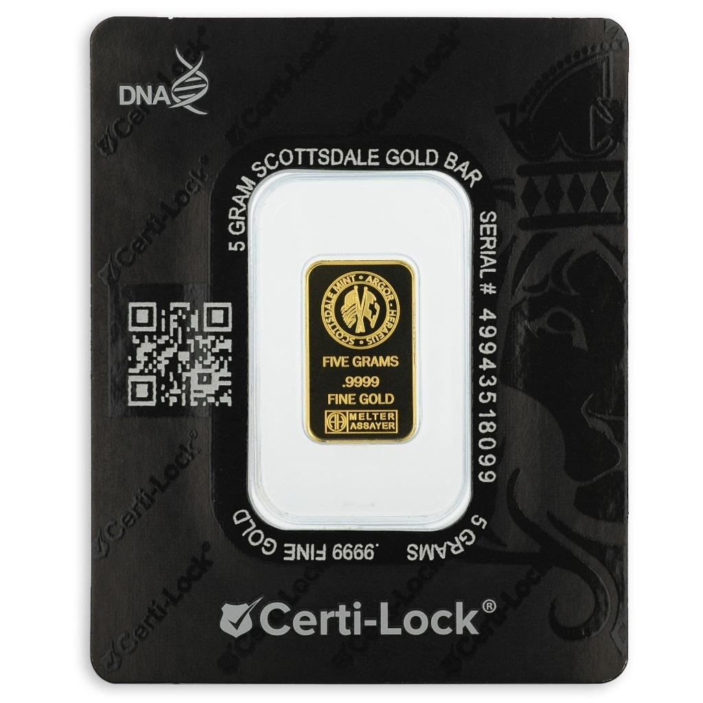 5 gram .9999 Gold Bar – Sealed in Certi-LOCK COA by Scottsdale Mint #A377