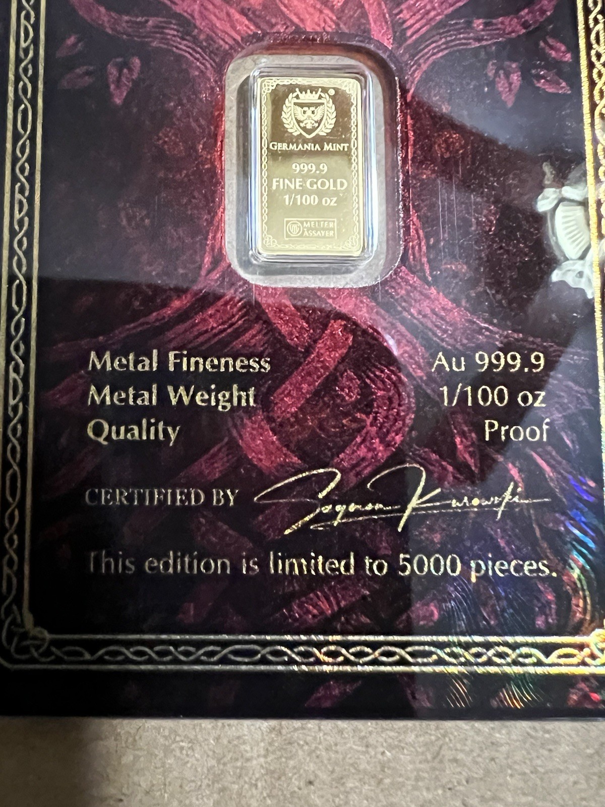 Germania Mint 1/100 oz Gold Bar In Assay 999.9 Fine Gold Frigg Bar