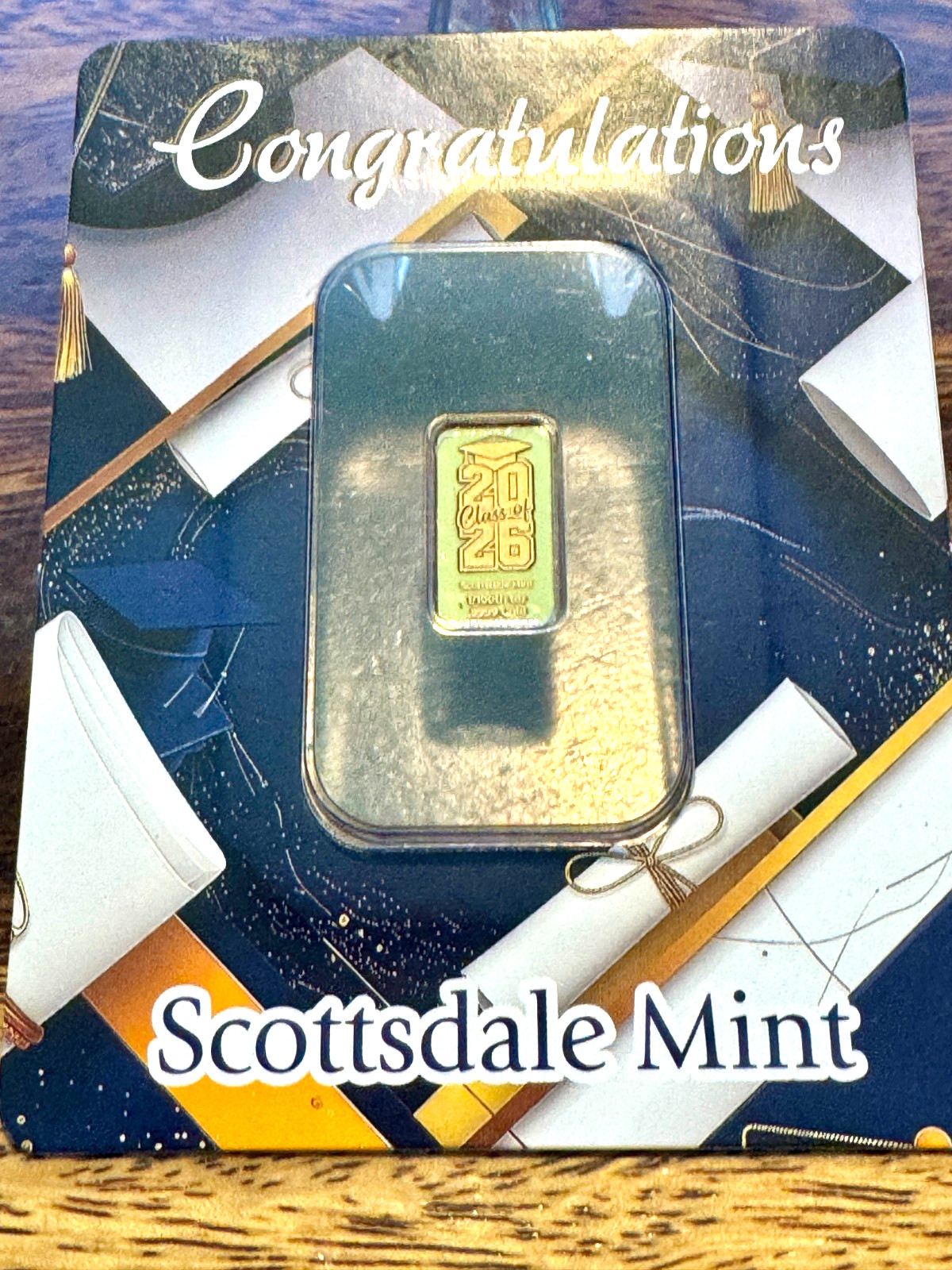 Scottsdale Mint Congrats 2026 Graduation 1/100 oz .9999 Gold Bar Certi-Lock Card