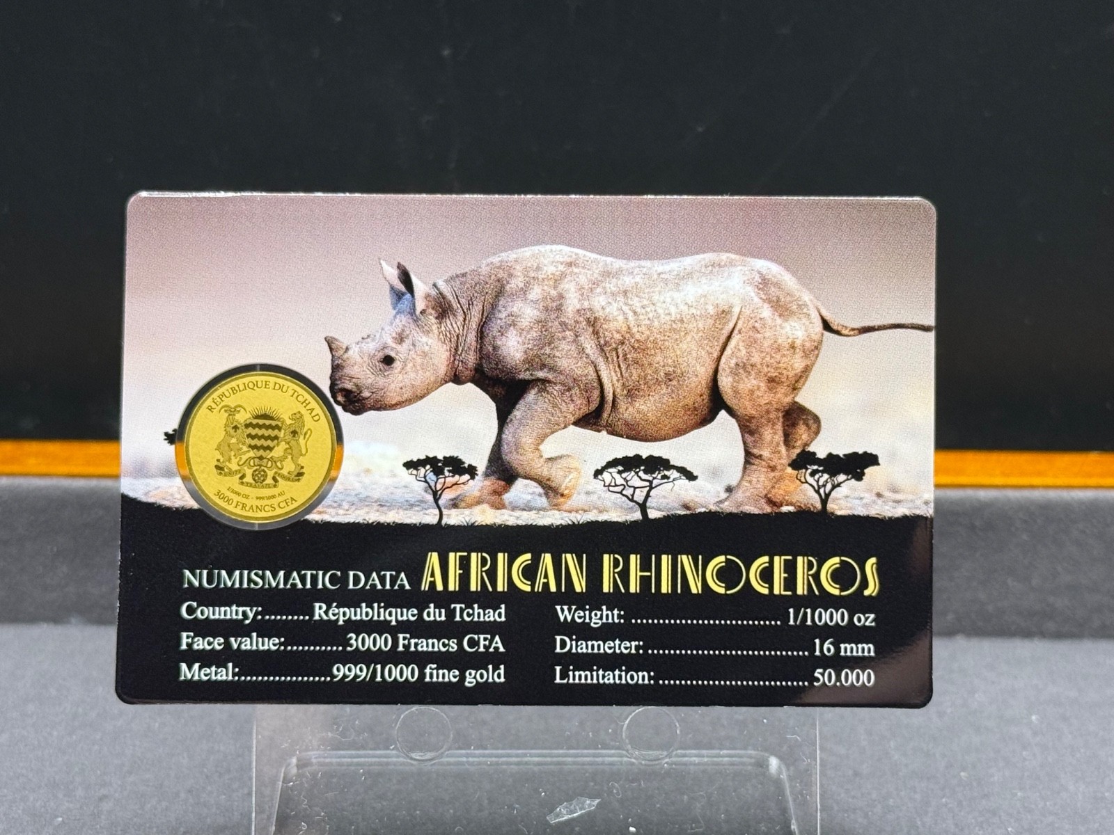 African Rhinoceros – Africa’s Big Five 1/1000 Oz 999 Gold Coin 3000 Francs Chad