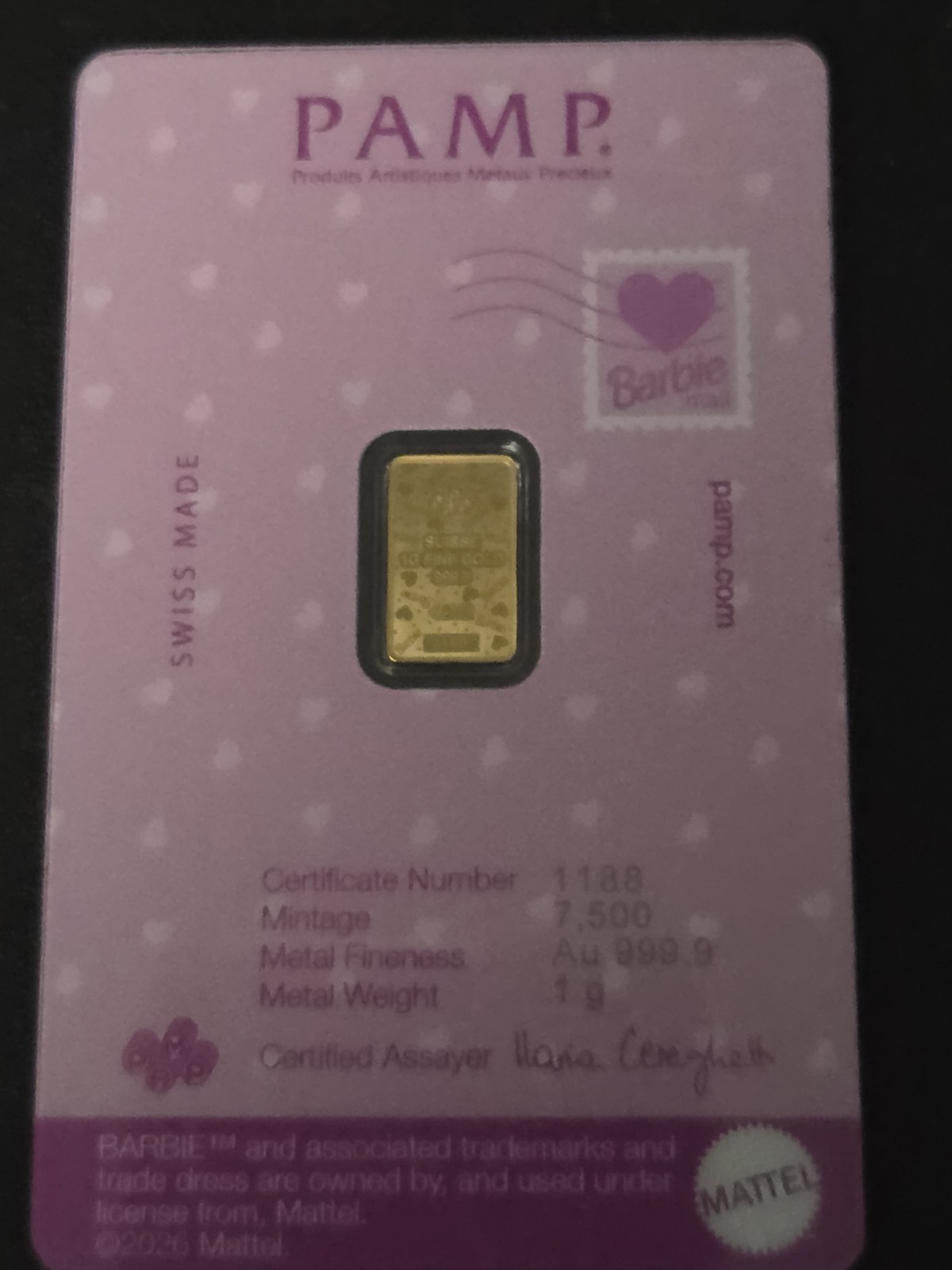 PAMP Barbie 1 Gram Pure Gold Bar .999 In Assay Limited Edition Mintage /7500