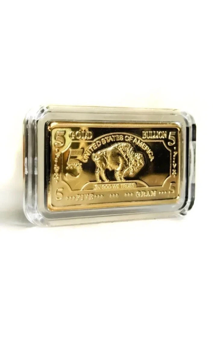 5 GRAM 100 MILLLS GOLD BUFFALO BULLION BARS .999 FINE Clear Capsule