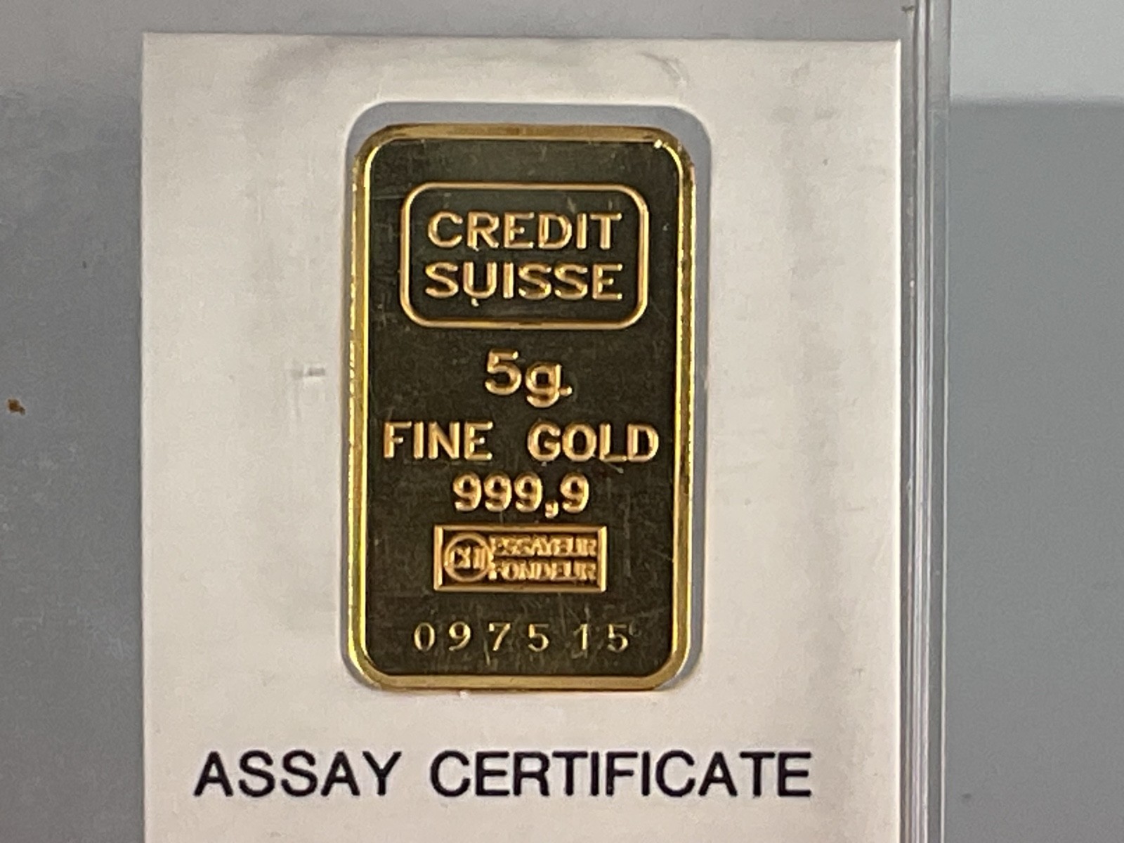 1985 Credit Suisse 5g 0.9999 Fine Gold Bar in Assay Card – 5g Total Gold Content