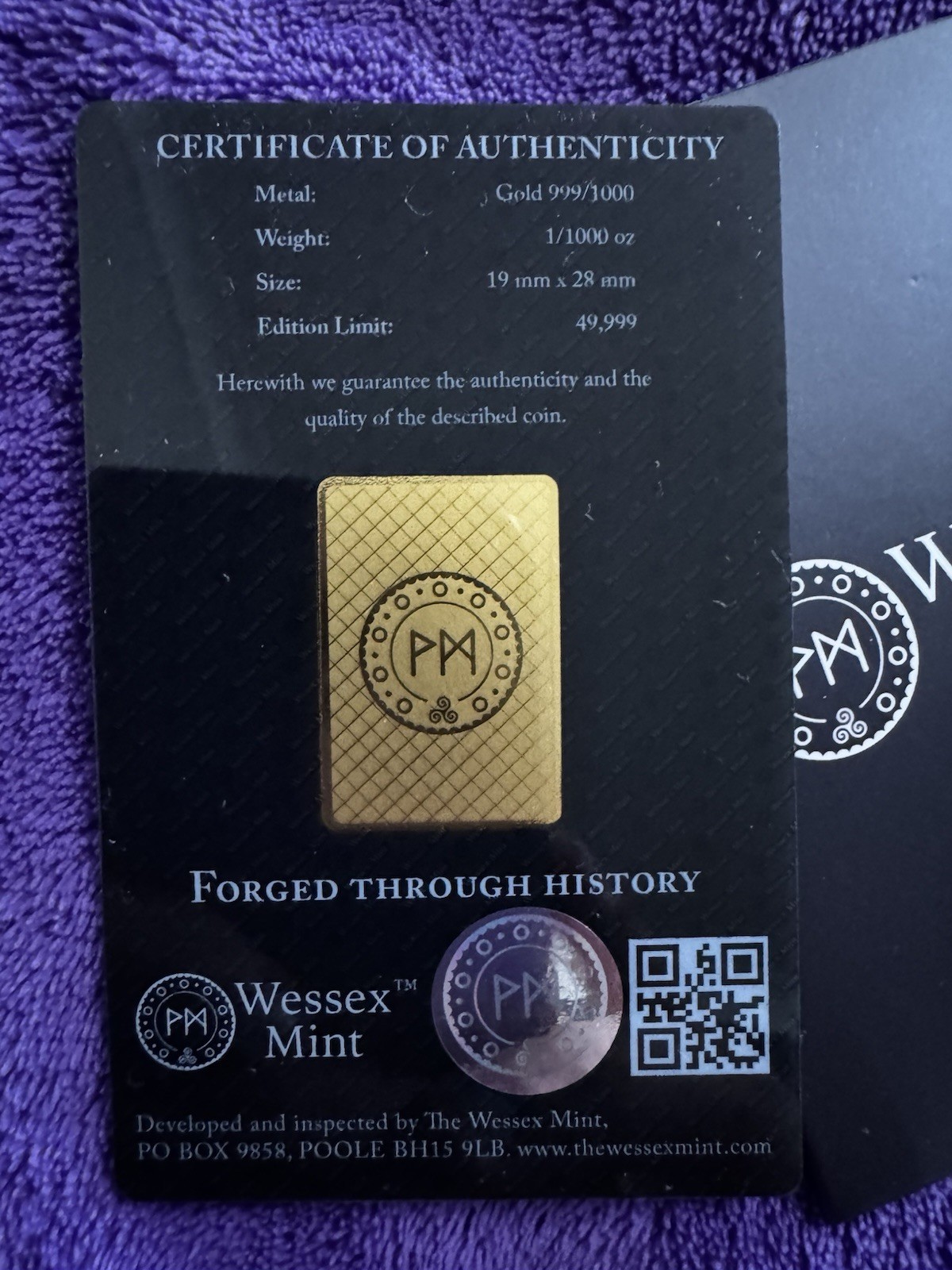 Wessex Mint THEWHITE GREYHOUND OF RICHMOND 1/1000oz FINE GOLD Bar Mintage 49,999