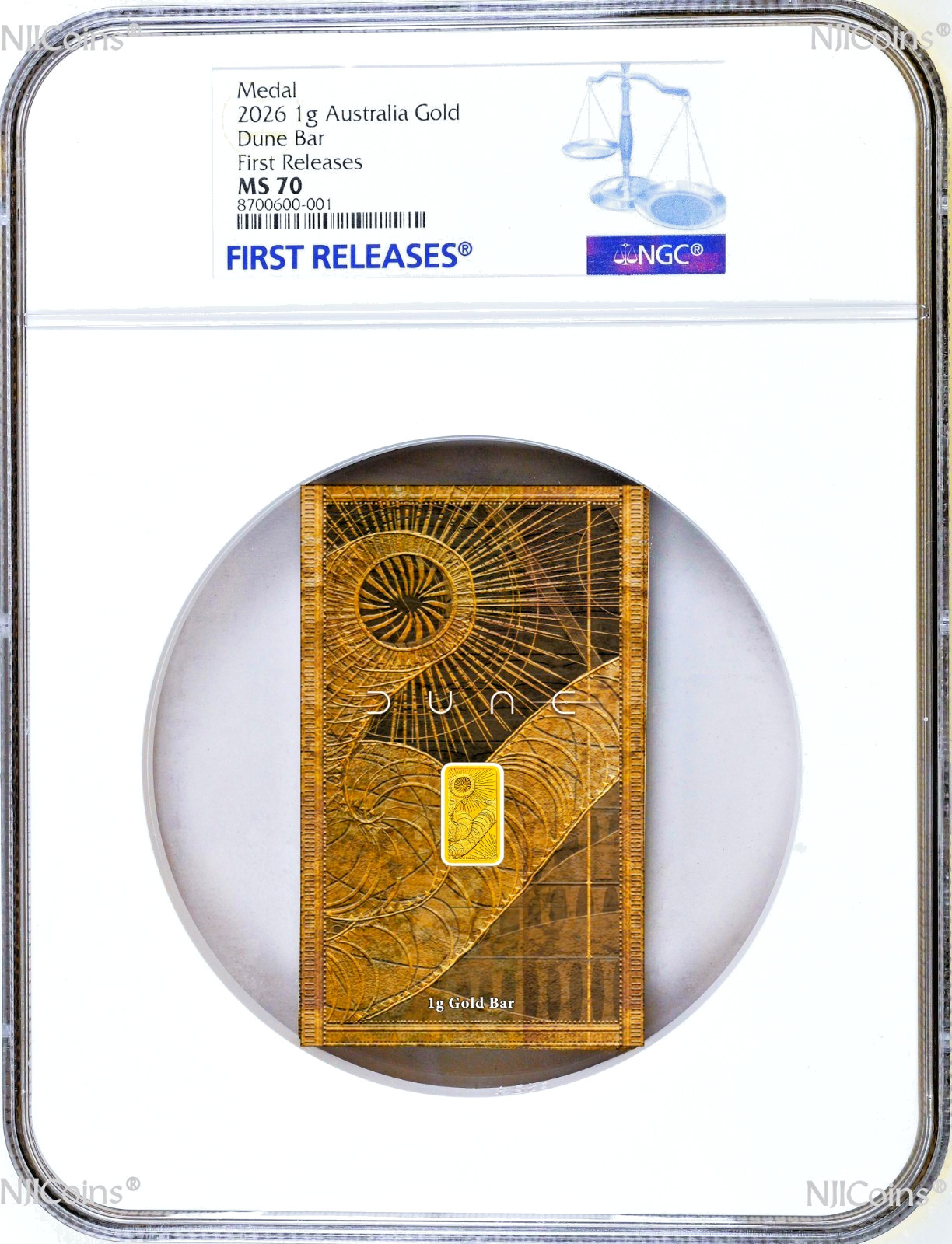 2026 DUNE 1g .9999 Gold Perth Mint Minted Bar with mint card NGC MS 70 FR