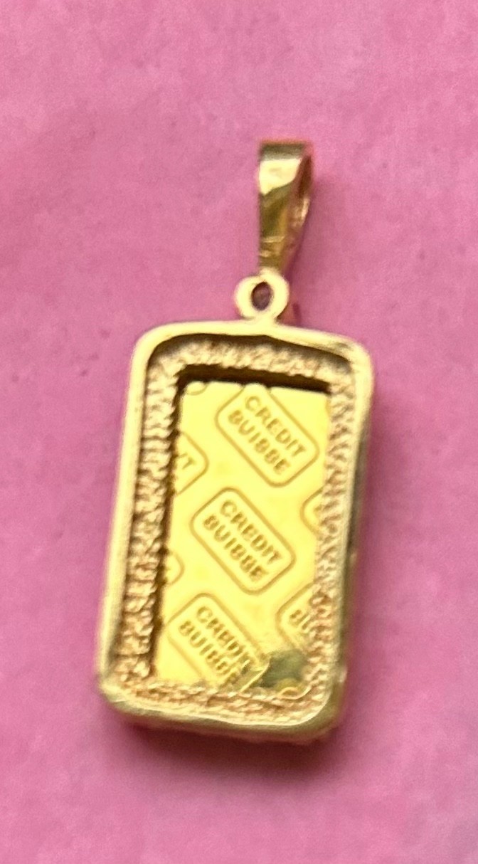 Credit Suisse 1 gram Gold Bar .999 ~ in 14 kt Gold Frame with Diamond ~2.6 grams