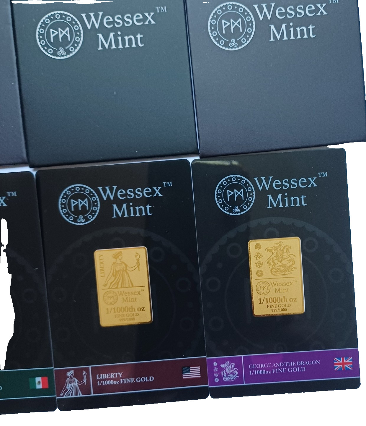 Wessex Mint 1/1000 oz Liberty, Archangel, Libertad & G a t Dragon 999 Gold Bars