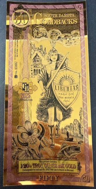 South Dakota 50 Goldback Gold Note – 1/20oz .9999 Fine BU 2025