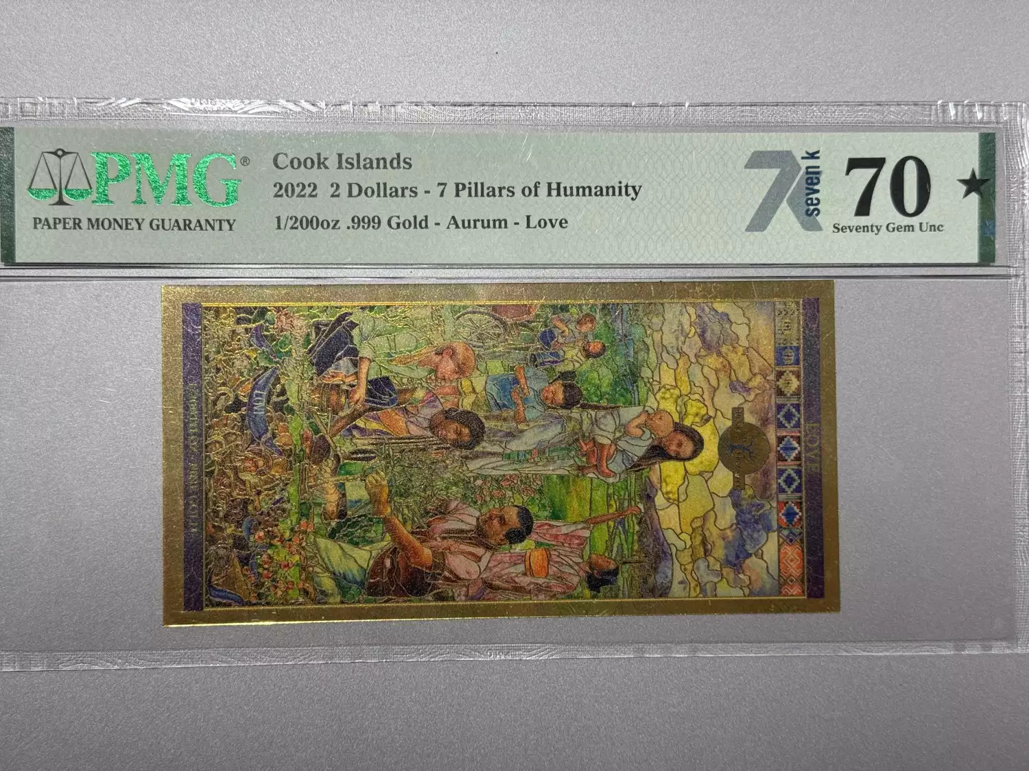 Cook Islands 2 Dollar 1/200th oz Aurum Gold Note (24k) 7 Pillars of Humanity Lov