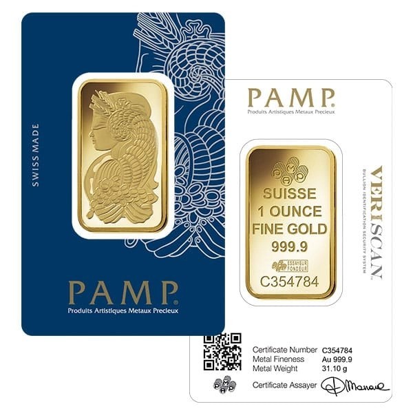 PAMP Suisse 1 oz 999.9 Fine Gold Bar Bullion in Veriscan Assay Card
