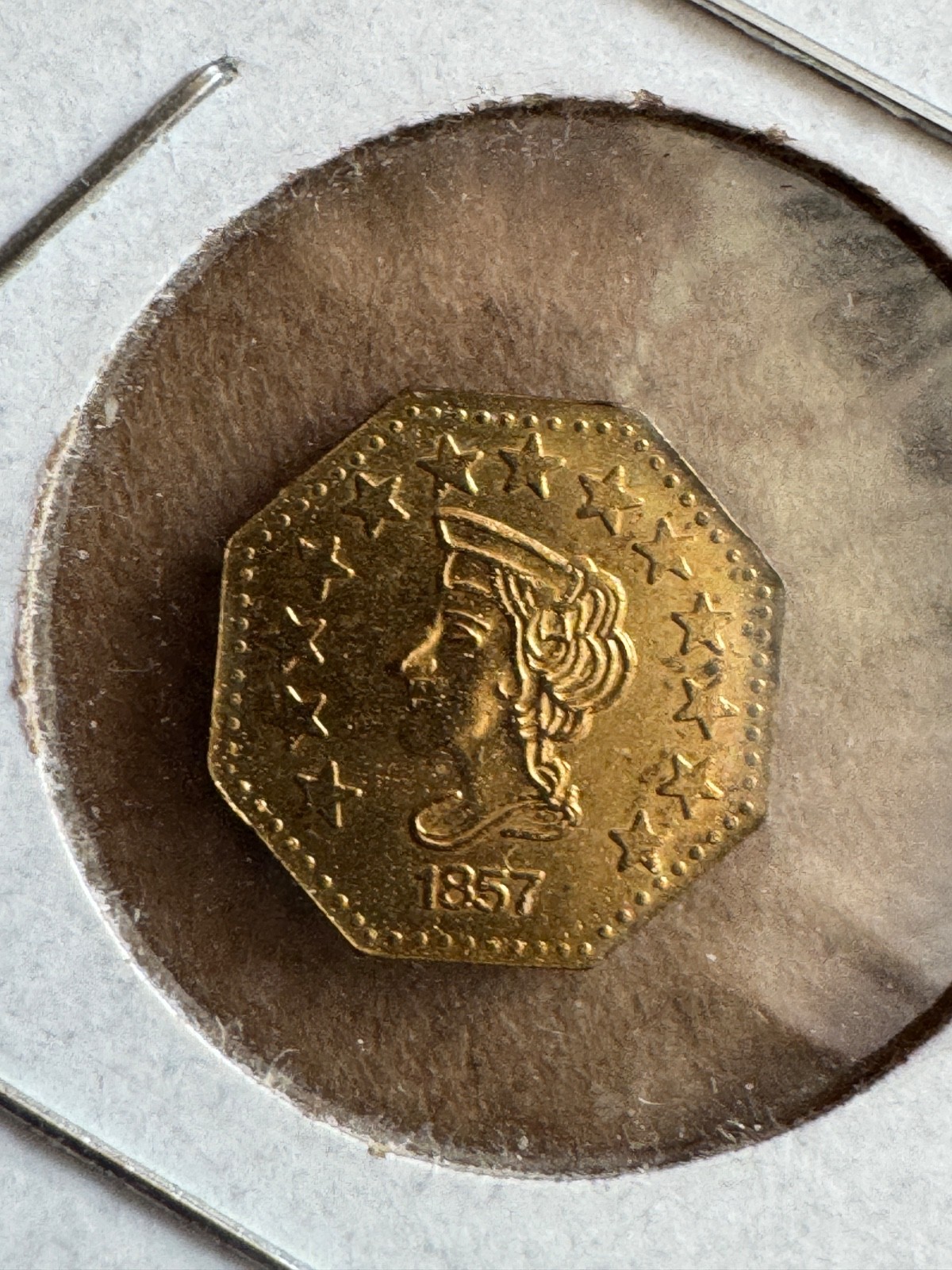 1857 California Gold 1/2 Dollar Fractional Coin Token – Liberty Head / Bear