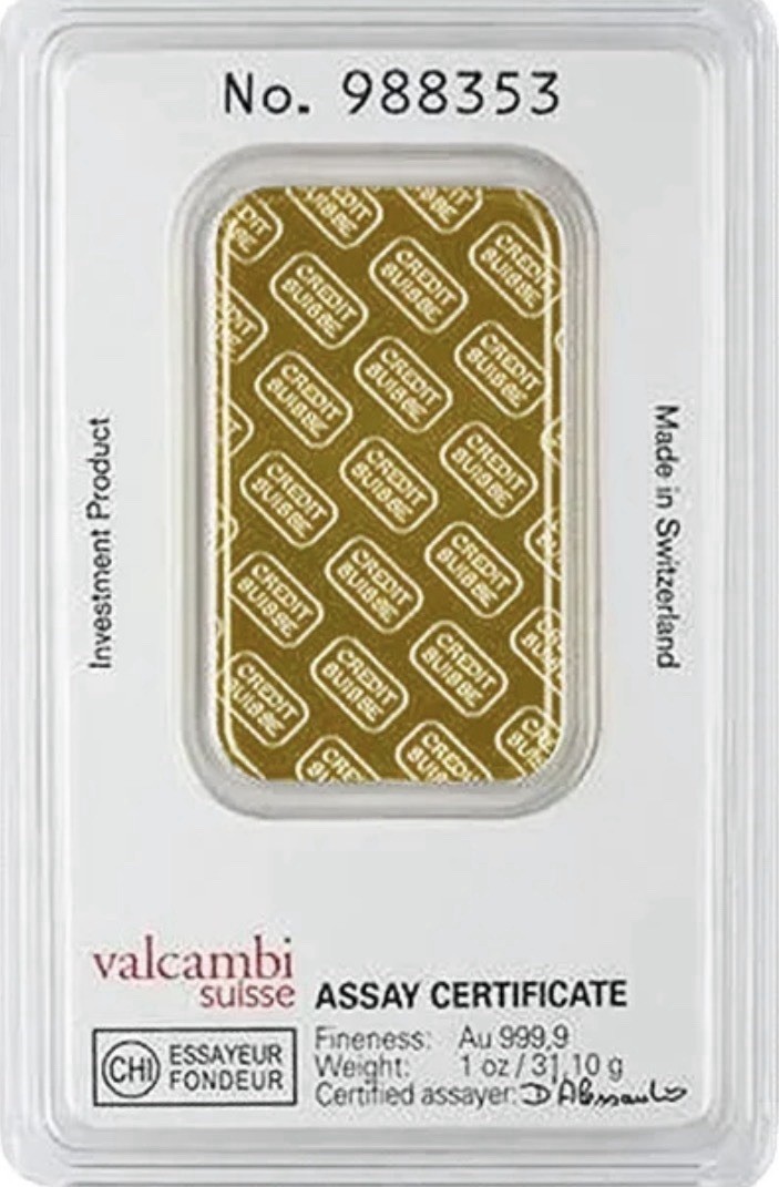 Credit Suisse 1 oz Fine Gold Bar 0.9999 in Assay (Valcambi Suisse)