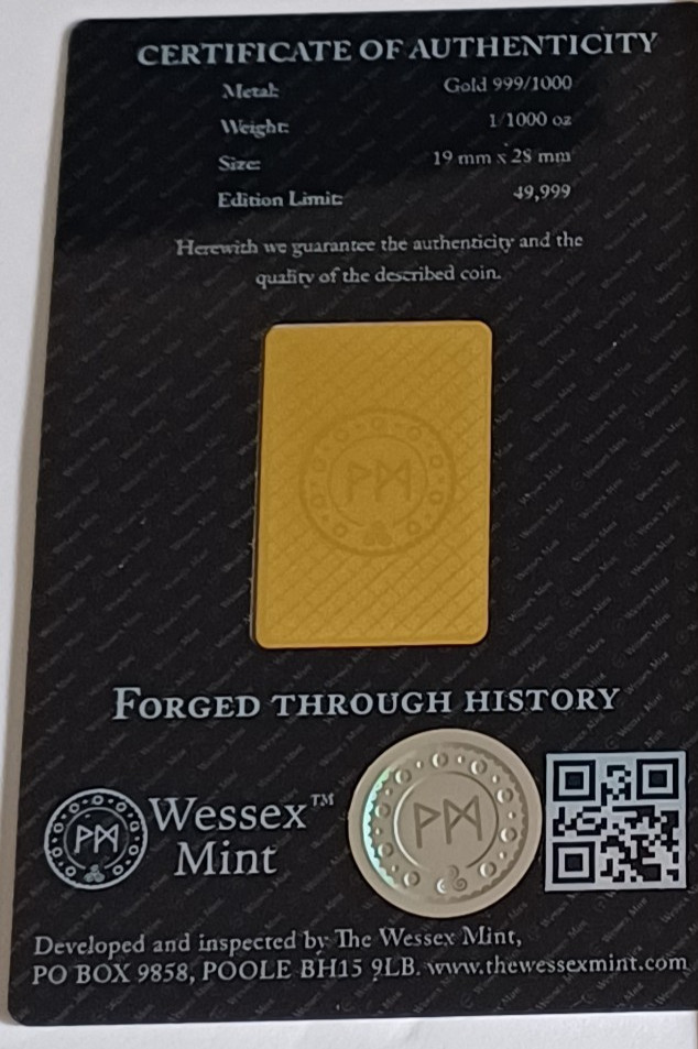 1/1000th oz ArchAngel Michael 999.9 24ct Gold Bar by Wessex Mint