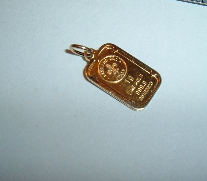 24K STAFANO ORO ITALY 999.9 FINE GOLD BAR 14K GOLD BEZEL CHARM PENDANT 1.5 grams