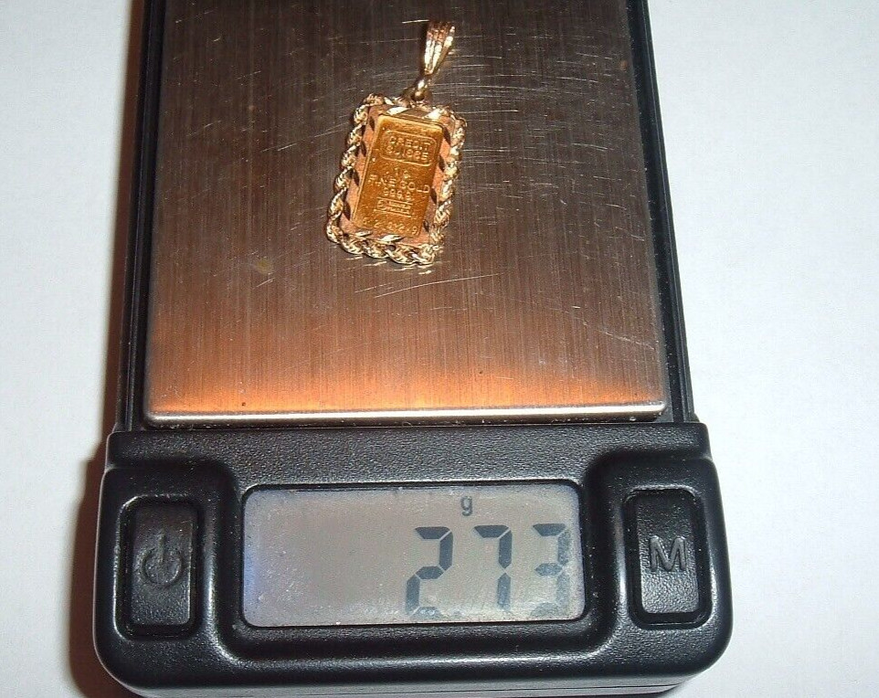 24K GOLD Credit Suisse 999.9 FINE INGOT BAR 14K ROPE BEZEL PENDANT CHAIN 2.73g