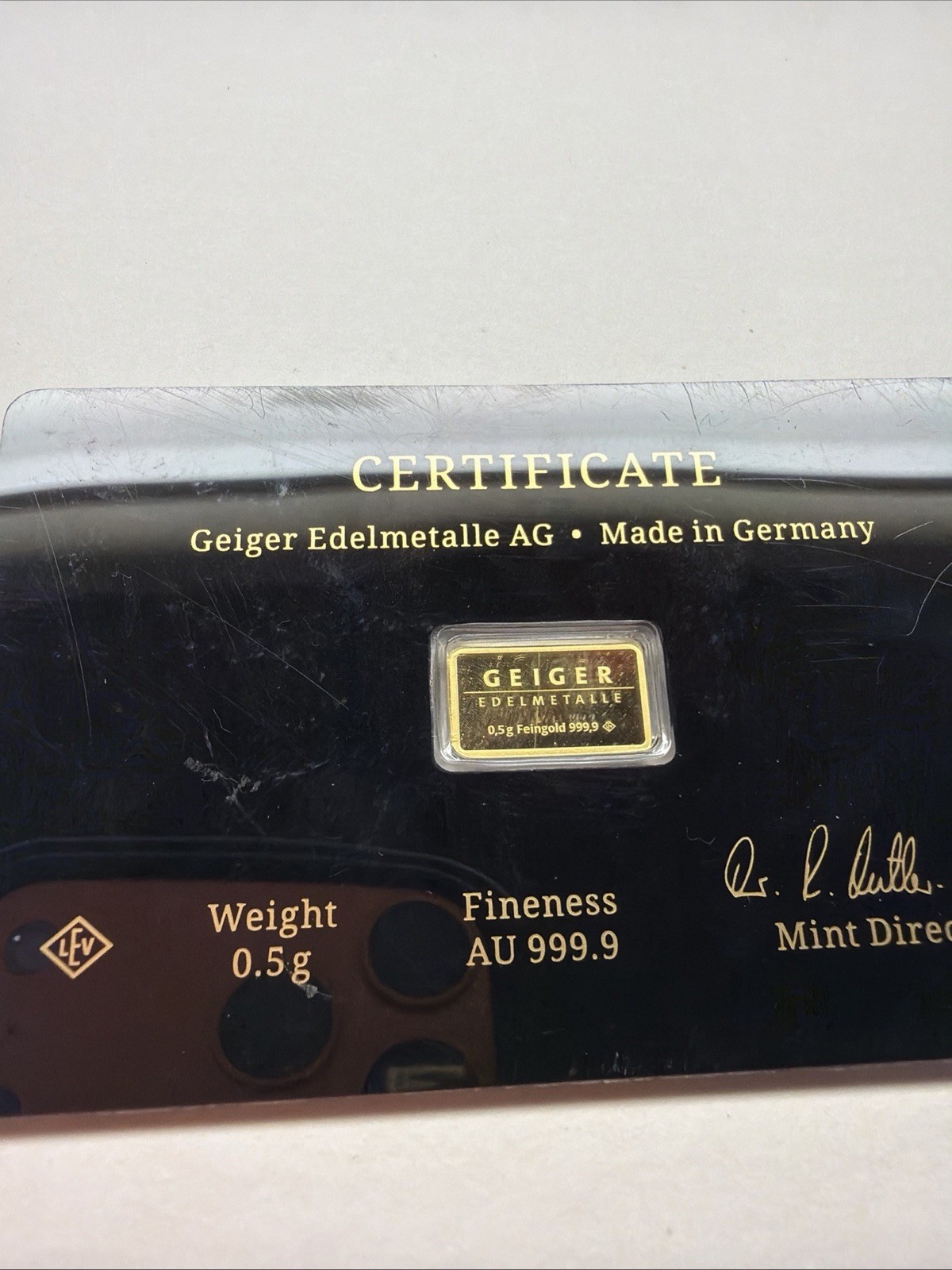 Geiger Schloss Guldengossa Vintage Edition Carded Gold Bar .5 Gram .999 Fine