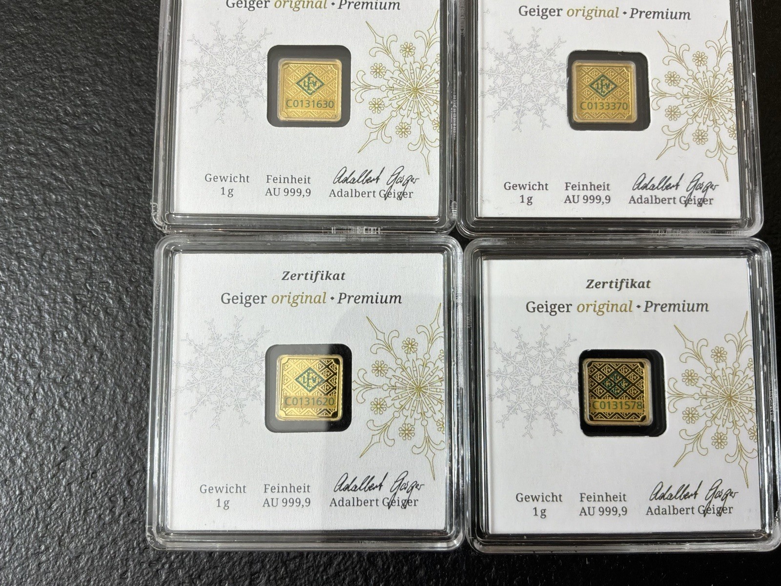 Lot of 4 – GEIGER 1 GRAM 999.9 GOLD BAR MERRY CHRISTMAS