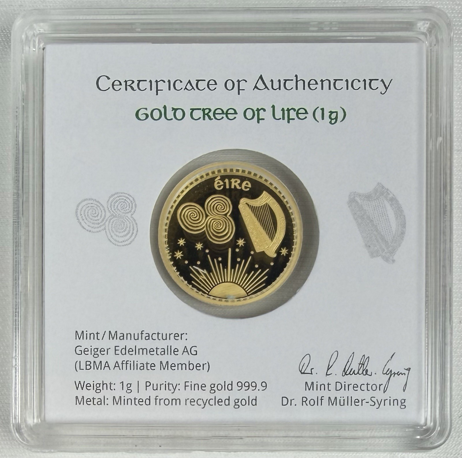 Geiger Edelmetalle Tara Coins Tree of Life 1 Gram .9999 Fine Gold In Hard Assay