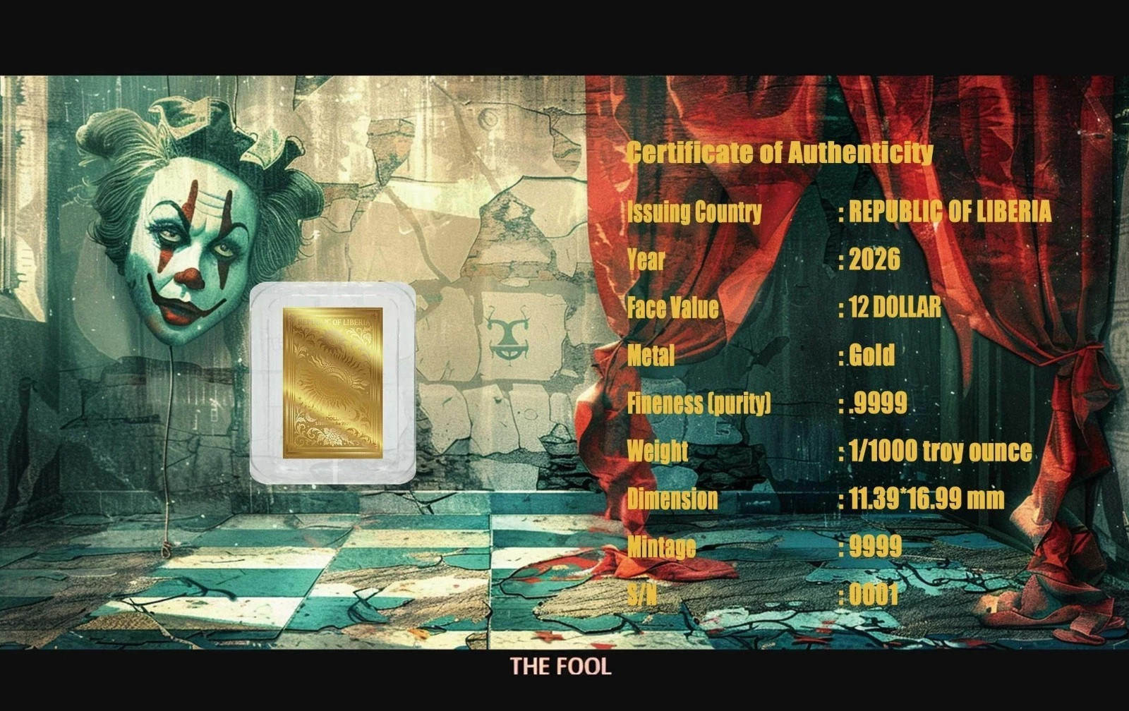 Liberia Tarot Card Series #1 The Fool 1/1000 oz Gold Bar (9,999 Mintage) INSTOCK