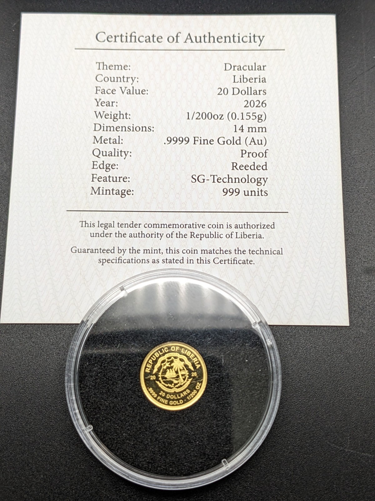 2026 Liberia Dracula 1/200oz 9999 Gold Coin in Capsule with COA Mintage 999