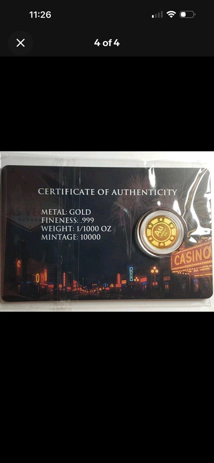 Roulette 1/1000 oz Gold Round In Card. Mintage 10,000