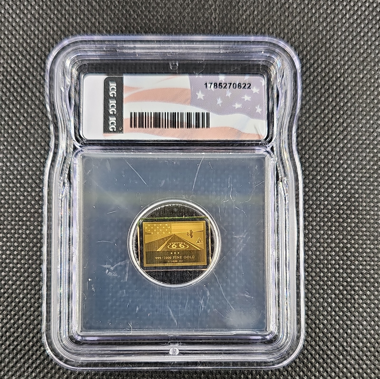 Route 66 Gold Bar 1/1000 oz Gold ICG MS 70