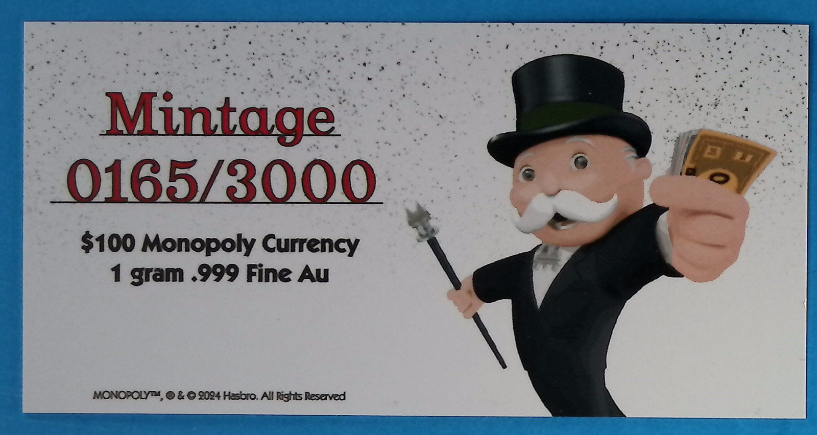 2024 Samoa Monopoly $100 Currency 1 Gram 999 Gold Note #0165 of 3000