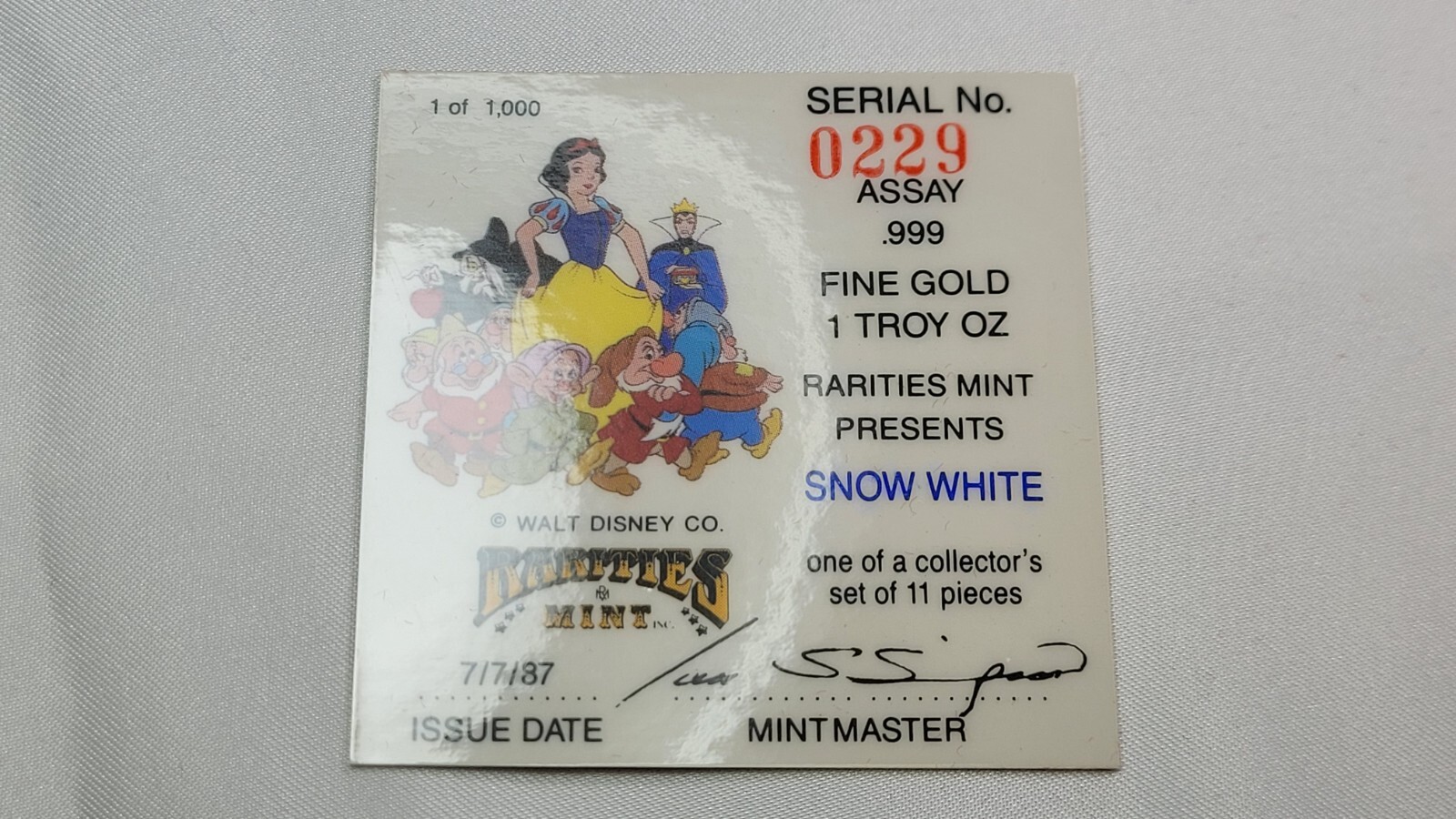 1987 Rarities Mint Snow White 50th Anniv 1 Troy Ounce .999 Fine Gold Round 0229