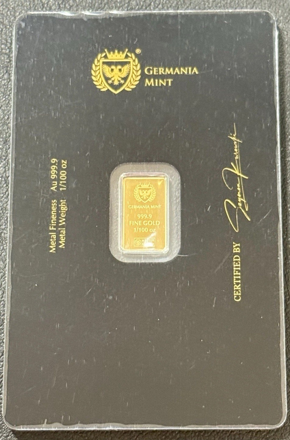 1/100th Oz .9999 Gold Germania Mint Lady Germania Assay Carded Gold Bar!!